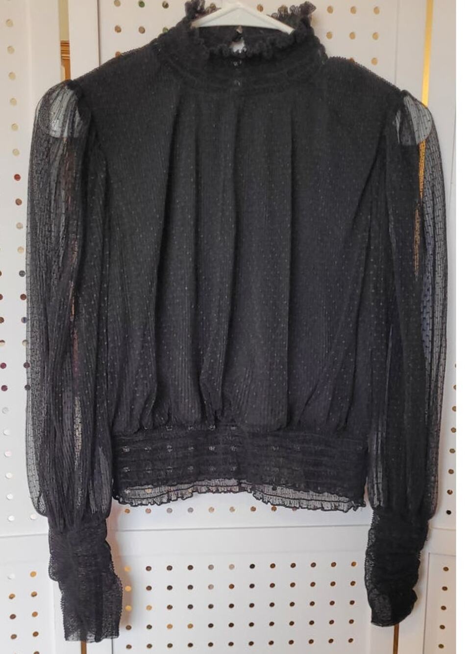 Shinestar Womens Crop Top S Black Mesh Sheer Puff Sleeves Whimsy Victorian Goth